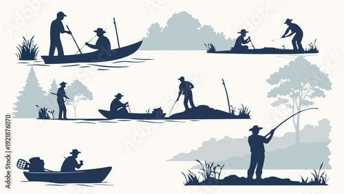 Silhouette Set of Fishermen and Boaters Enjoying Outdoor Summer Recreation Activities on Lake or River Water