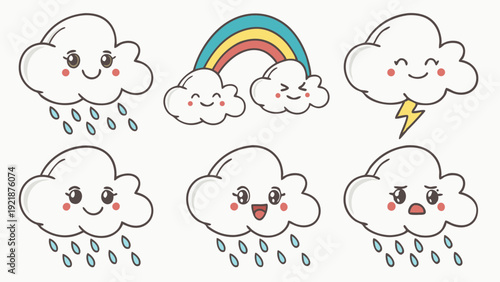 Cute Kawaii Weather Icons Set Happy Sad Rainy Stormy Clouds Rainbow for Children Education App Design