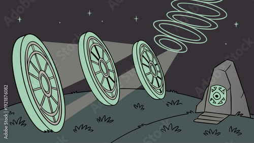 Ancient Alien Technology Portals Activate Under Night Sky Illuminating Mysterious Stone Monolith for Sci-Fi Gaming or Tech Promotion