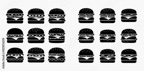 A collection of black silhouette burger and cheeseburger icons for fast food concepts.