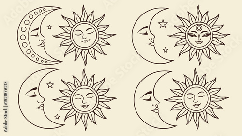 Celestial Sun and Moon Faces Set Mystical Boho Tattoo Design for Spiritual Branding and Esoteric Web Graphics
