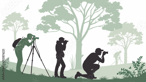 Wildlife Photographers Silhouettes Capturing Nature Scenes Outdoors for Travel Blogs and Ecology Publications