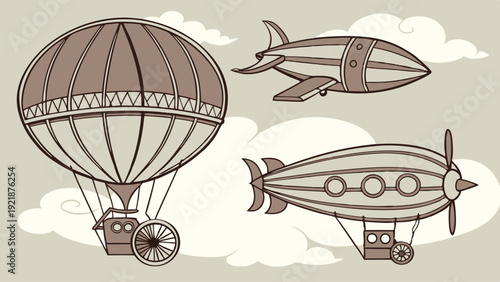 Vintage Steampunk Airships and Hot Air Balloon Illustration for Retro Travel Adventure Game Design or Historical Infographic Projects