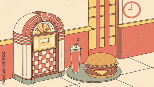 Retro Diner Scene with Jukebox Burger and Milkshake for 1950s Nostalgia Food Advertising Design