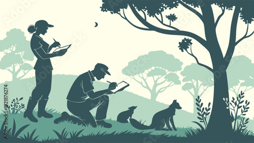 Wildlife Biologists Surveying Flora and Fauna Observing Foxes in Natural Habitat for Ecology Research and Conservation Projects