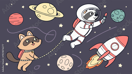 Cute Raccoon Astronauts Exploring Space with Rocket and Planets for Children's Book Illustration or Educational Web Design