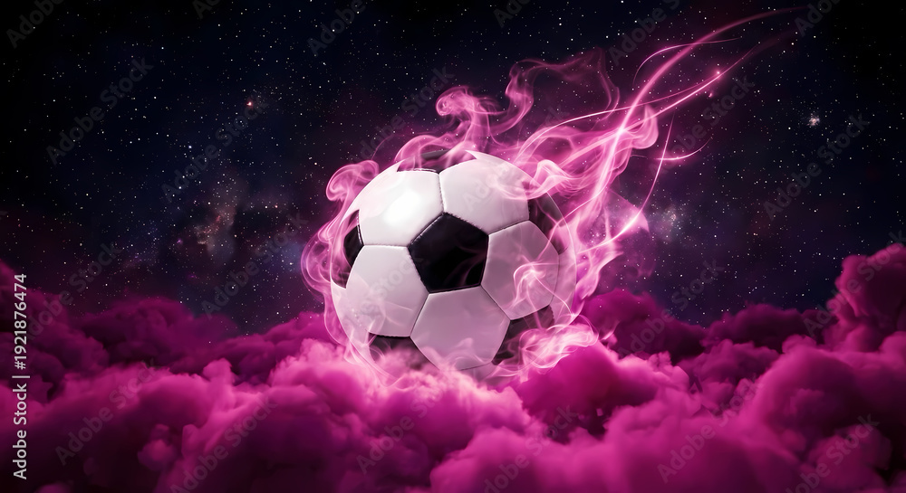 Naklejka premium Glowing Pink Smoke Soccer Ball Floating in Starry Deep Space Fantasy Art