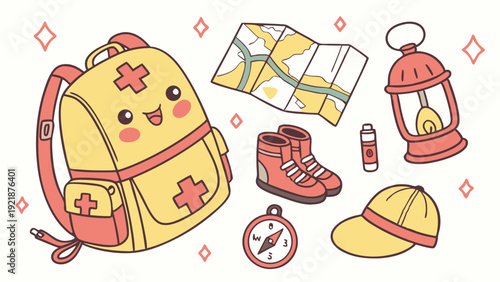 Cute Kawaii First Aid Kit Backpack and Camping Gear for Adventure Travel Web Design Illustration