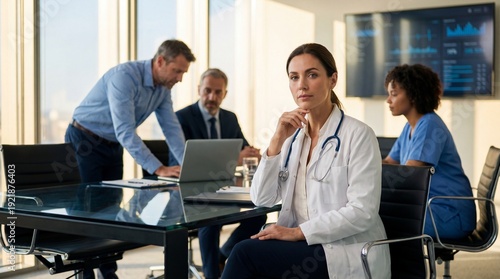Serious female doctor in a white lab coat and stethoscope looking at the camera during a medical board meeting with diverse colleagues in a modern office.