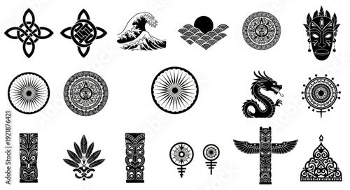 Collection of diverse cultural symbols and mythical creatures.