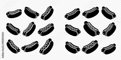 Set of simple black and white hot dog vector icons for fast food menus and design elements.