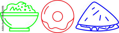 Colorful illustration of a bowl of rice a bagel and a slice of pie