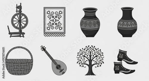 Collection of traditional folk art objects and crafts.