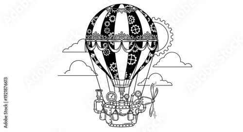 Steampunk hot air balloon soaring through the sky with intricate mechanical details and design.