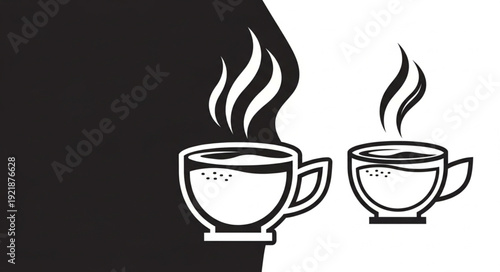 Two steaming coffee cups illustration, perfect for cafe and beverage branding, black and white design.