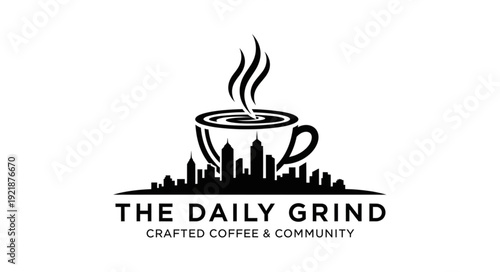 The Daily Grind logo featuring coffee cup and city skyline silhouette.