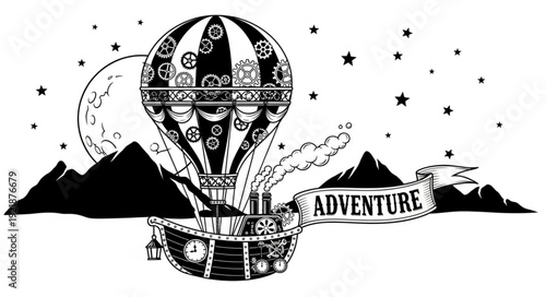 Vintage hot air balloon soaring above mountains with adventure banner under starry night sky.