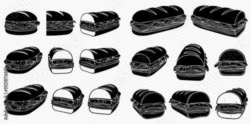 A high-contrast black and white graphic collection of submarine sandwiches from various angles.