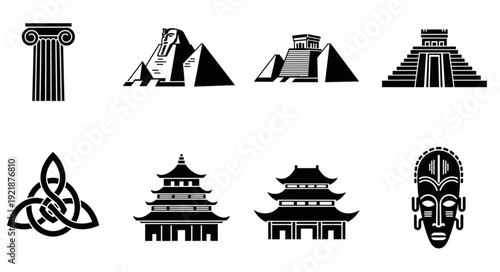 Collection of ancient architectural icons and symbols.