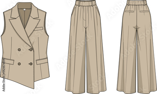 Women sleeveless double breasted blazer vest and high waisted wide leg trousers set, fashion technical flat sketch vector, cad drawing flat vector illustration,