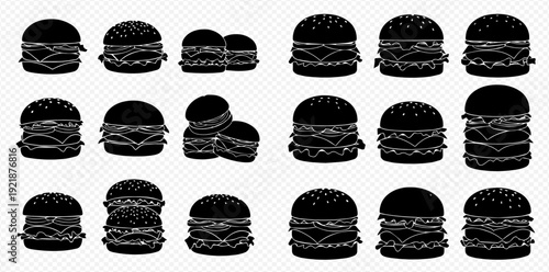 A diverse collection of black burger and cheeseburger silhouettes for fast food graphics and menus.