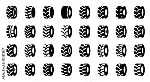A collection of various tire tread patterns and solid black tire icons in different designs, arranged in rows on a clean white background with a focus on industrial and automotive themes.