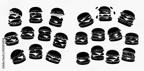 A large set of various cheeseburger and hamburger icons in a graphic silhouette style.