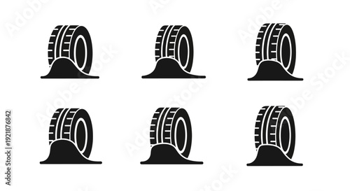 A set of six black and white icons depicting tires with a prohibition sign, restriction mark, and banned symbol, arranged in two rows on a plain white background with a graphic design style.