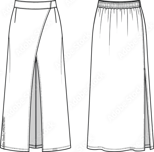 Women high waist wrap maxi skirt with front slit and elastic waistband set, fashion technical flat sketch vector cad drawing illustration,
