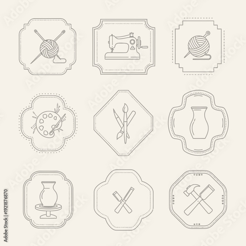Crafting Artistry Icons: A collection of meticulously crafted vintage-style illustrations, each one representing a unique craft, including knitting, sewing, painting, pottery, and woodworking.