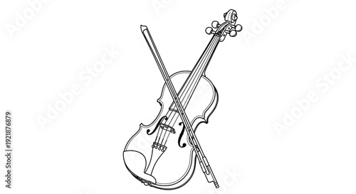 Detailed illustration of a violin and bow, showcasing musical instrument design.