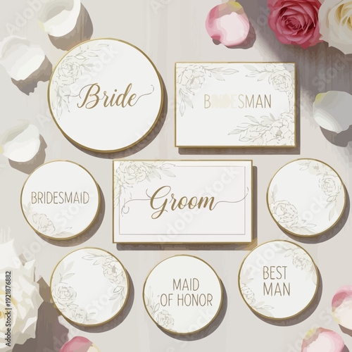 Wedding Table Cards with Floral Design: Elegant wedding table cards, featuring floral elements, gracefully positioned amidst scattered petals, ready to enhance the ambiance of a joyous celebration.