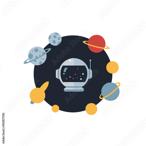 Astronaut Helmet Surrounded by Planets and Stars in Outer Space