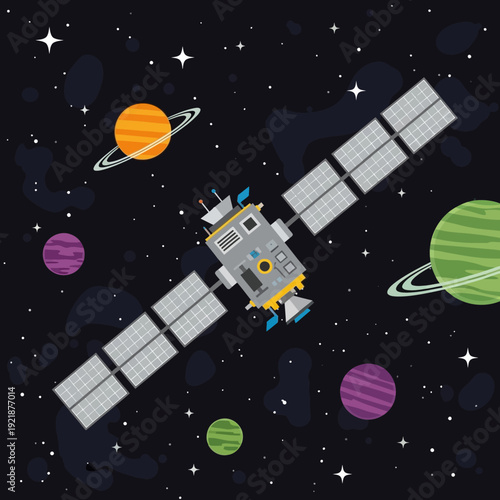 Satellite in Outer Space with Planets and Stars