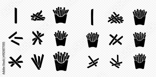 A versatile set of black silhouette icons depicting french fries in various arrangements and containers.