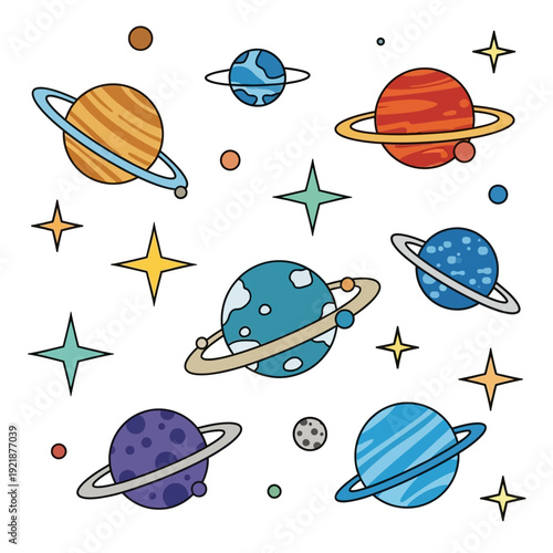 Colorful Planets and Stars in Space Illustration