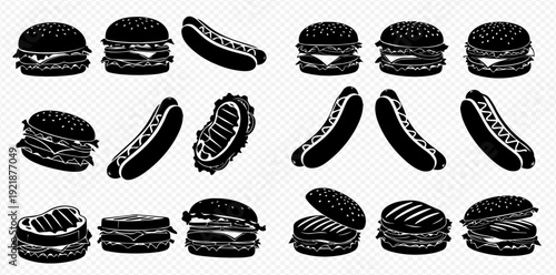 A monochrome graphic collection of various fast food items like hamburgers and hot dogs, isolated on a transparent background.