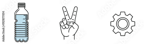 Water bottle plastic container, victory hand gesture sign, and mechanical gear industrial cogwheel icons set, flat vector illustration cad drawing,