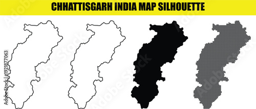 Chhattisgarh india map silhouette vector pack with black fill outline and dotted variations for geographic presentation