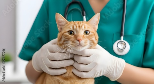 gentle orange cat being held by person in green medical attire, World spay day concept