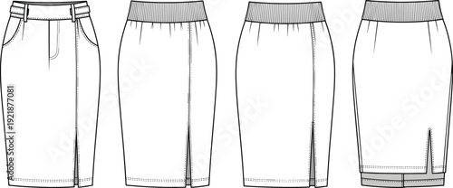 Women high waist pencil skirt set with front slit and elastic waistband, front and back view fashion technical flat sketch vector, cad drawing flat vector illustration,