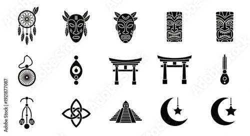 Collection of Tribal Masks Symbols and Icons.