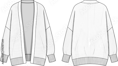 Women oversized knit cardigan sweater with ribbed texture and drop shoulder, front and back view fashion technical flat sketch vector, cad drawing flat vector illustration,