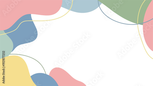 Abstract graphic design with colorful organic shapes and lines on a white background.