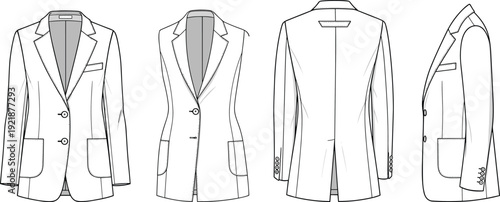 Women tailored blazer jacket set with notched lapel and patch pockets, front back side view fashion technical flat sketch vector, cad drawing flat vector illustration