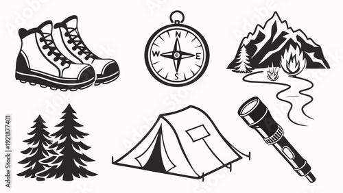 Outdoor Adventure Gear Icons Hiking Camping Travel Trip Planning Web Design Elements for Wilderness Exploration and Tourism Promotion