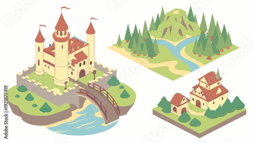 Isometric Fantasy Game Assets Medieval Castle Village Landscape Elements for Strategy Board Game Design and World Building