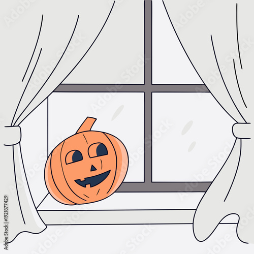 Halloween pumpkin with face sitting on windowsill behind sheer curtains  