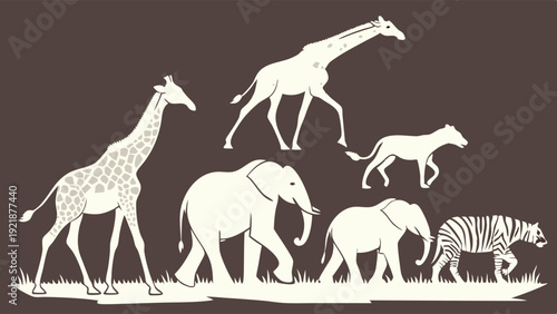 African Safari Wildlife Silhouette Parade Giraffe Elephant Zebra for Nature Education and Travel Web Design Projects