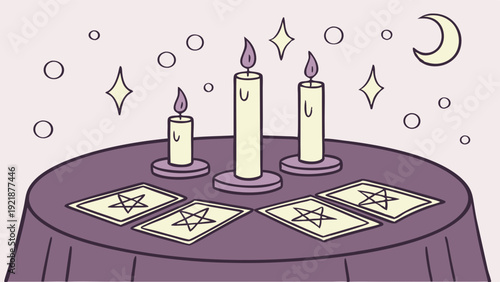 Mystical Tarot Card Reading Setup with Burning Candles for Fortune Telling Occult Rituals and Spiritual Guidance